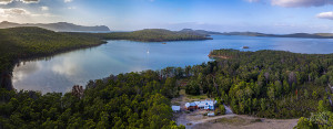 Daytime aerial view of Bruny Island Lodge, with the D'Entrecasteaux Channel in the background